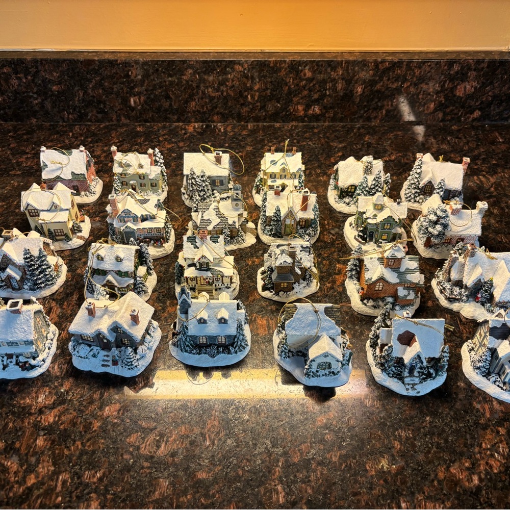 Thomas Kinkade Snowy Village Ornaments - White and Green
